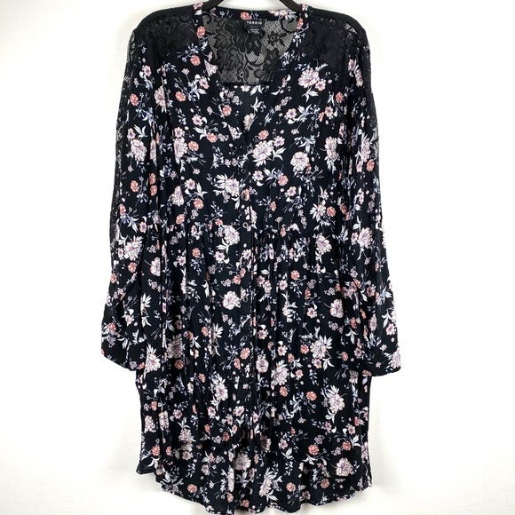 Torrid Black Floral & Lace Babydoll Button Down Tunic Top EUC - Picture 2 of 14